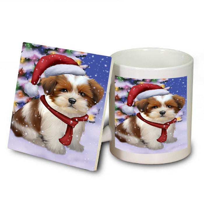 Winterland Wonderland Lhasa Apso Dog In Christmas Holiday Scenic Background  Mug and Coaster Set MUC53393