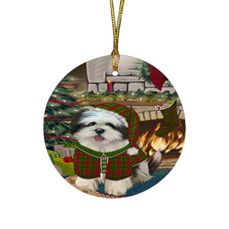 The Stocking was Hung Lhasa Apso Dog Round Flat Christmas Ornament RFPOR55709