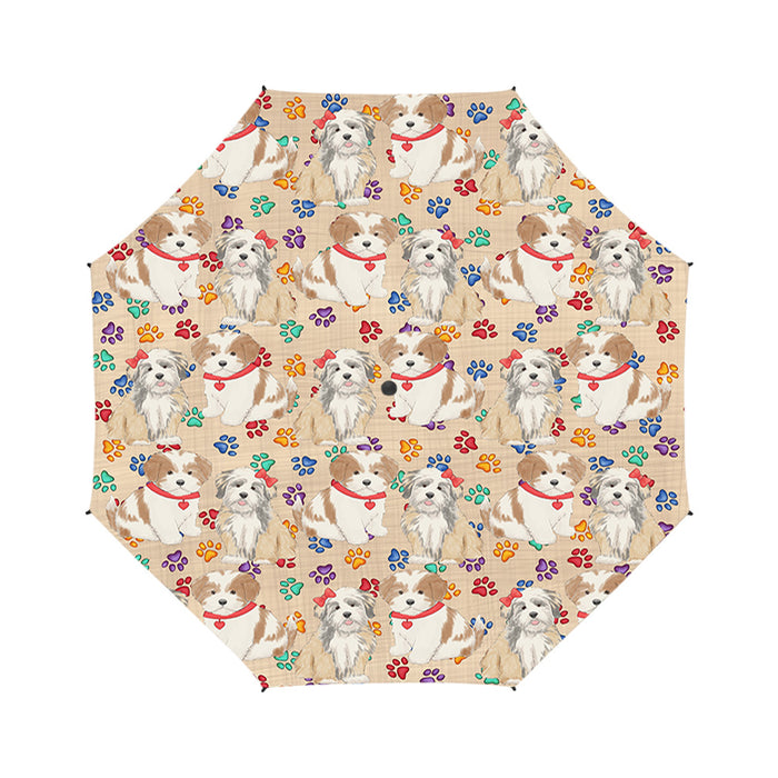 Rainbow Paw Print Lhasa Apso Dogs Red Semi-Automatic Foldable Umbrella