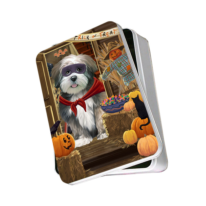 Enter at Own Risk Trick or Treat Halloween Lhasa Apso Dog Photo Storage Tin PITN53180