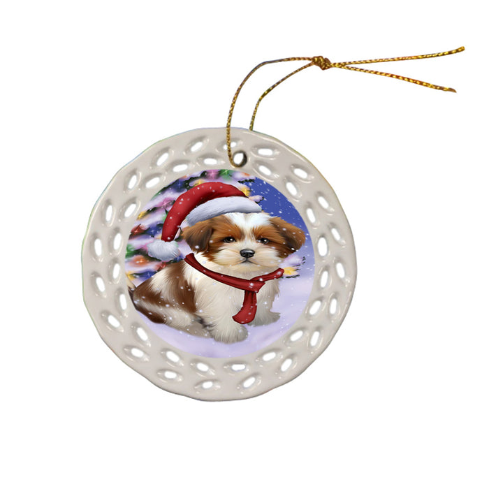 Winterland Wonderland Lhasa Apso Dog In Christmas Holiday Scenic Background  Ceramic Doily Ornament DPOR53401