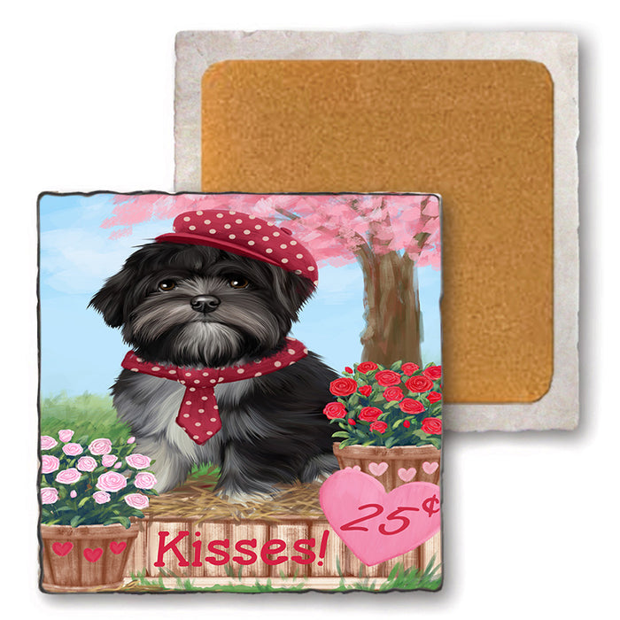 Rosie 25 Cent Kisses Lhasa Apso Dog Set of 4 Natural Stone Marble Tile Coasters MCST50961