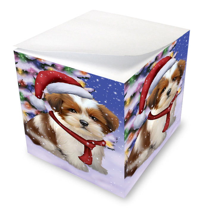 Winterland Wonderland Lhasa Apso Dog In Christmas Holiday Scenic Background Note Cube NOC53401