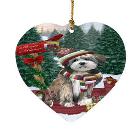 Merry Christmas Woodland Sled Lhasa Apso Dog Heart Christmas Ornament HPOR55320