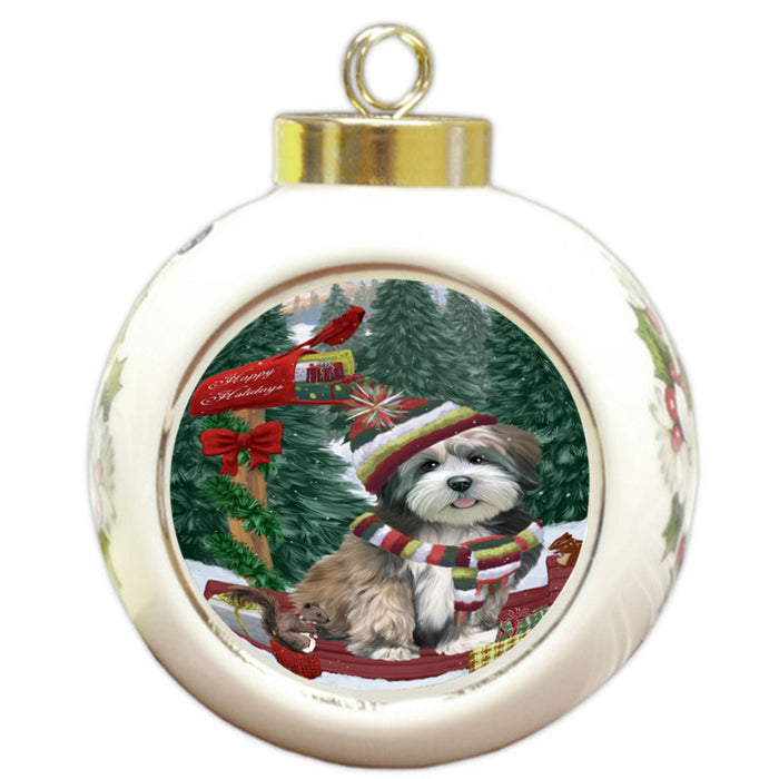 Merry Christmas Woodland Sled Lhasa Apso Dog Round Ball Christmas Ornament RBPOR55320