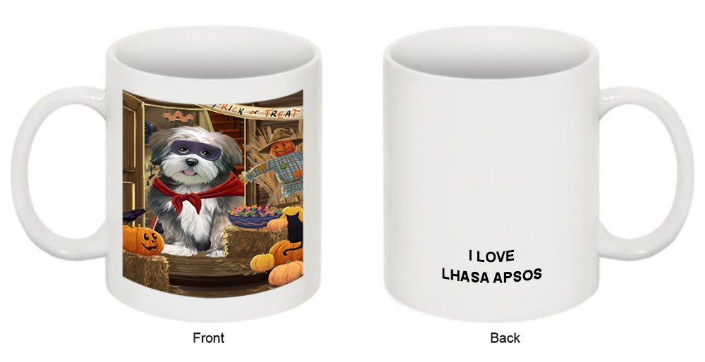 Enter at Own Risk Trick or Treat Halloween Lhasa Apso Dog Coffee Mug MUG48578