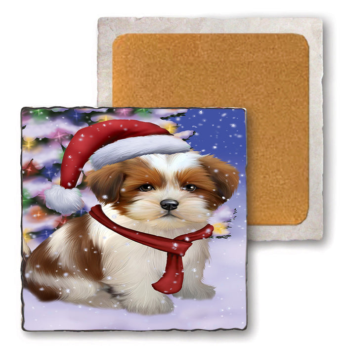 Winterland Wonderland Lhasa Apso Dog In Christmas Holiday Scenic Background  Set of 4 Natural Stone Marble Tile Coasters MCST48401