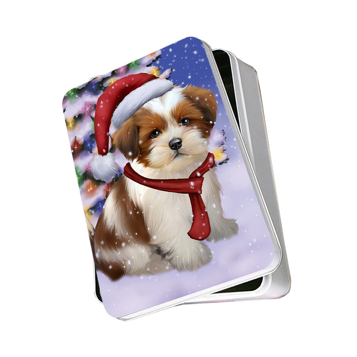 Winterland Wonderland Lhasa Apso Dog In Christmas Holiday Scenic Background Photo Storage Tin PITN53401