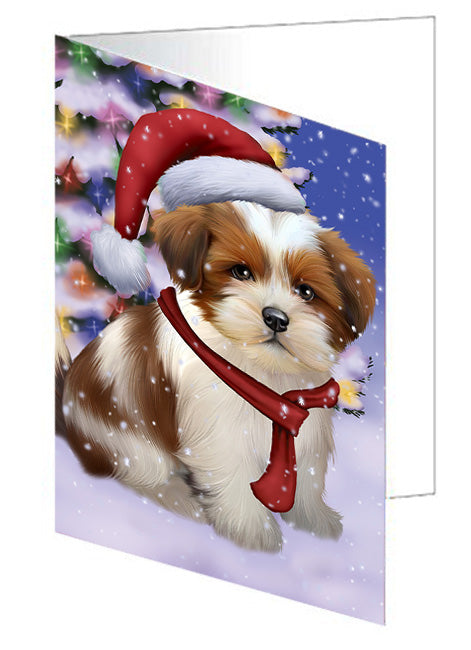 Winterland Wonderland Lhasa Apso Dog In Christmas Holiday Scenic Background  Handmade Artwork Assorted Pets Greeting Cards and Note Cards with Envelopes for All Occasions and Holiday Seasons GCD64232