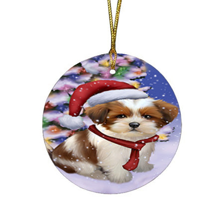 Winterland Wonderland Lhasa Apso Dog In Christmas Holiday Scenic Background  Round Flat Christmas Ornament RFPOR53392