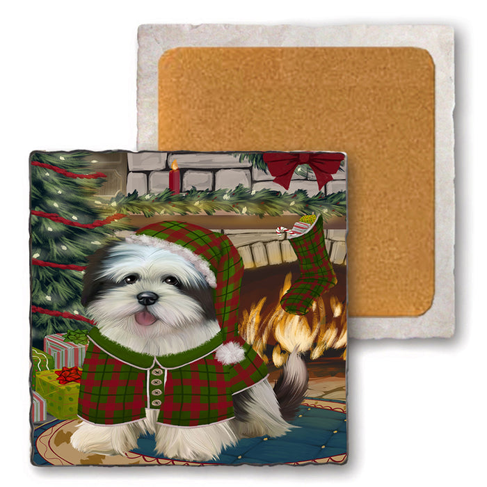 The Stocking was Hung Lhasa Apso Dog Set of 4 Natural Stone Marble Tile Coasters MCST50353