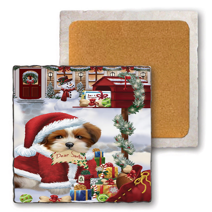 Lhasa Apso Dog Dear Santa Letter Christmas Holiday Mailbox Set of 4 Natural Stone Marble Tile Coasters MCST48909