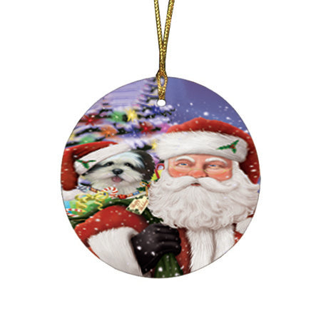 Santa Carrying Lhasa Apso Dog and Christmas Presents Round Flat Christmas Ornament RFPOR53990