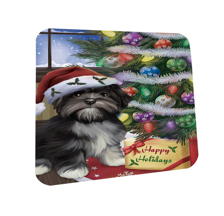 Christmas Happy Holidays Lhasa Apso Dog with Tree and Presents Coasters Set of 4 CST53799