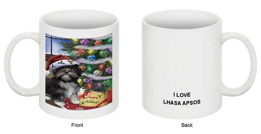 Christmas Happy Holidays Lhasa Apso Dog with Tree and Presents Coffee Mug MUG49239