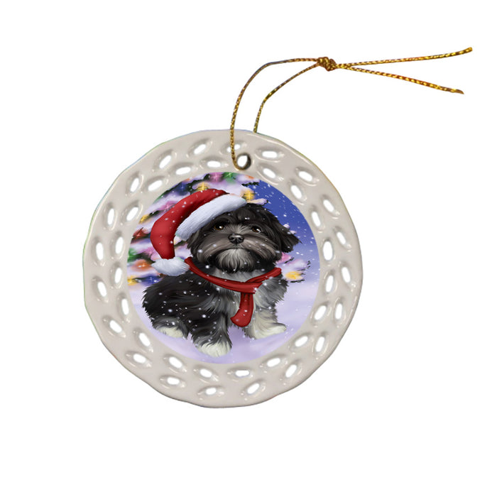 Winterland Wonderland Lhasa Apso Dog In Christmas Holiday Scenic Background  Ceramic Doily Ornament DPOR53402
