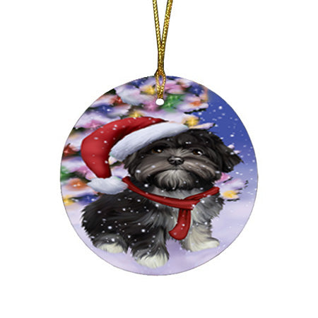 Winterland Wonderland Lhasa Apso Dog In Christmas Holiday Scenic Background  Round Flat Christmas Ornament RFPOR53393