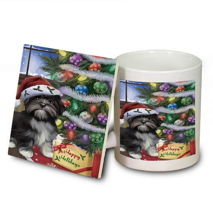 Christmas Happy Holidays Lhasa Apso Dog with Tree and Presents Mug and Coaster Set MUC53833