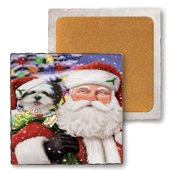 Santa Carrying Lhasa Apso Dog and Christmas Presents Set of 4 Natural Stone Marble Tile Coasters MCST48999