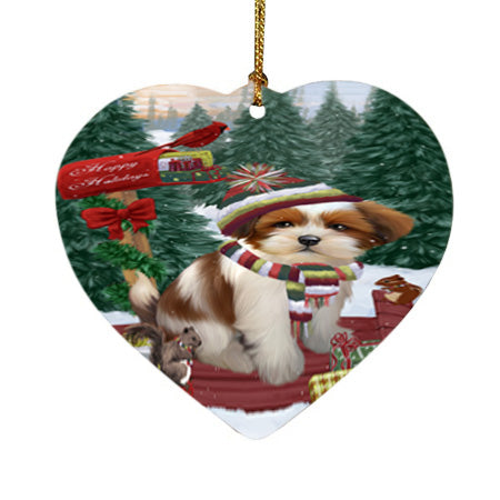 Merry Christmas Woodland Sled Lhasa Apso Dog Heart Christmas Ornament HPOR55321
