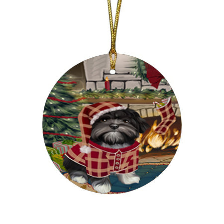 The Stocking was Hung Lhasa Apso Dog Round Flat Christmas Ornament RFPOR55710
