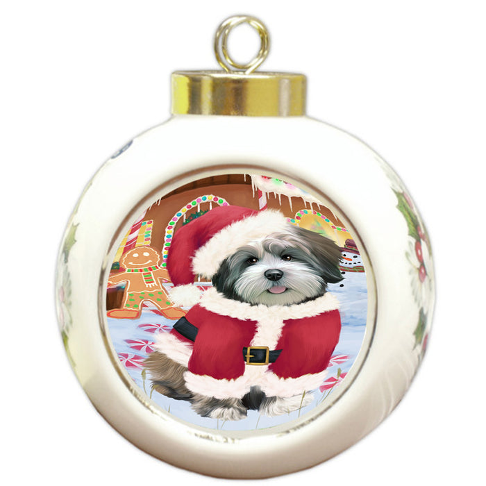 Christmas Gingerbread House Candyfest Lhasa Apso Dog Round Ball Christmas Ornament RBPOR56736