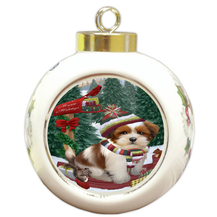 Merry Christmas Woodland Sled Lhasa Apso Dog Round Ball Christmas Ornament RBPOR55321