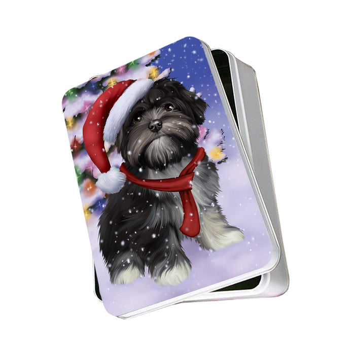 Winterland Wonderland Lhasa Apso Dog In Christmas Holiday Scenic Background Photo Storage Tin PITN53402