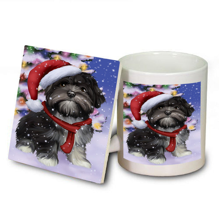 Winterland Wonderland Lhasa Apso Dog In Christmas Holiday Scenic Background  Mug and Coaster Set MUC53394
