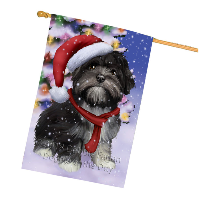 Winterland Wonderland Lhasa Apso Dog In Christmas Holiday Scenic Background  House Flag FLG53600