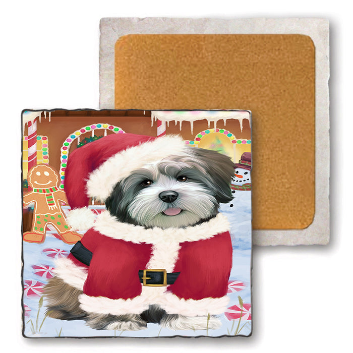 Christmas Gingerbread House Candyfest Lhasa Apso Dog Set of 4 Natural Stone Marble Tile Coasters MCST51380