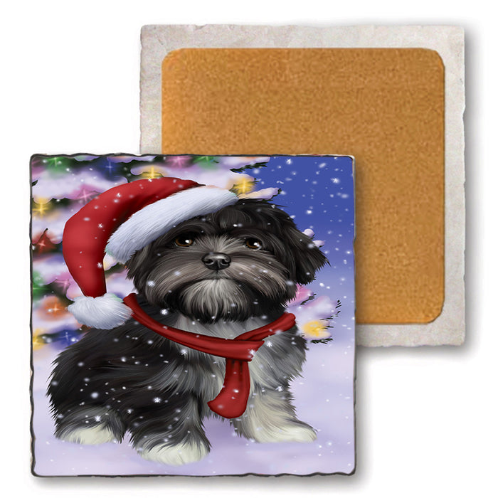 Winterland Wonderland Lhasa Apso Dog In Christmas Holiday Scenic Background  Set of 4 Natural Stone Marble Tile Coasters MCST48402