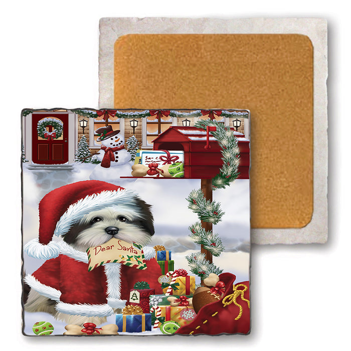 Lhasa Apso Dog Dear Santa Letter Christmas Holiday Mailbox Set of 4 Natural Stone Marble Tile Coasters MCST48910