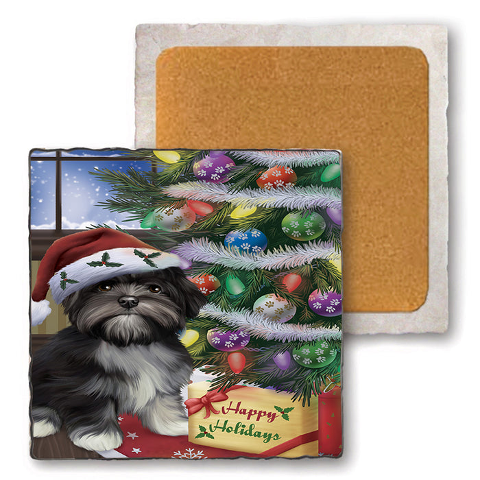 Christmas Happy Holidays Lhasa Apso Dog with Tree and Presents Set of 4 Natural Stone Marble Tile Coasters MCST48841