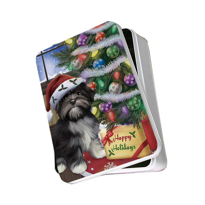 Christmas Happy Holidays Lhasa Apso Dog with Tree and Presents Photo Storage Tin PITN53784