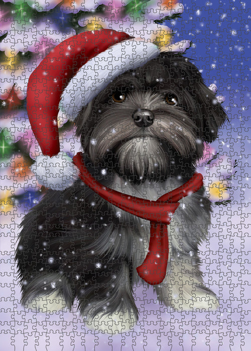 Winterland Wonderland Lhasa Apso Dog In Christmas Holiday Scenic Background Puzzle with Photo Tin PUZL80764