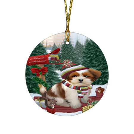 Merry Christmas Woodland Sled Lhasa Apso Dog Round Flat Christmas Ornament RFPOR55321