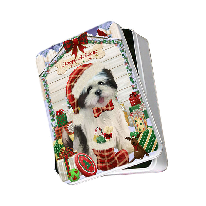 Happy Holidays Christmas Lhasa Apso Dog House with Presents Photo Storage Tin PITN51442