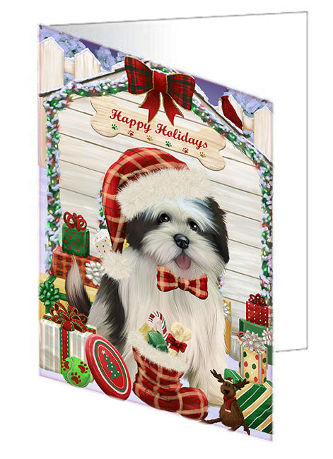 Happy Holidays Christmas Lhasa Apso Dog House with Presents Handmade Artwork Assorted Pets Greeting Cards and Note Cards with Envelopes for All Occasions and Holiday Seasons GCD58355