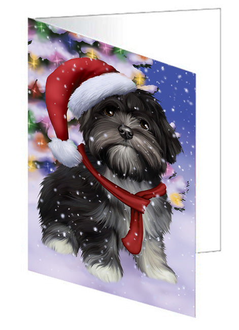 Winterland Wonderland Lhasa Apso Dog In Christmas Holiday Scenic Background  Handmade Artwork Assorted Pets Greeting Cards and Note Cards with Envelopes for All Occasions and Holiday Seasons GCD64235