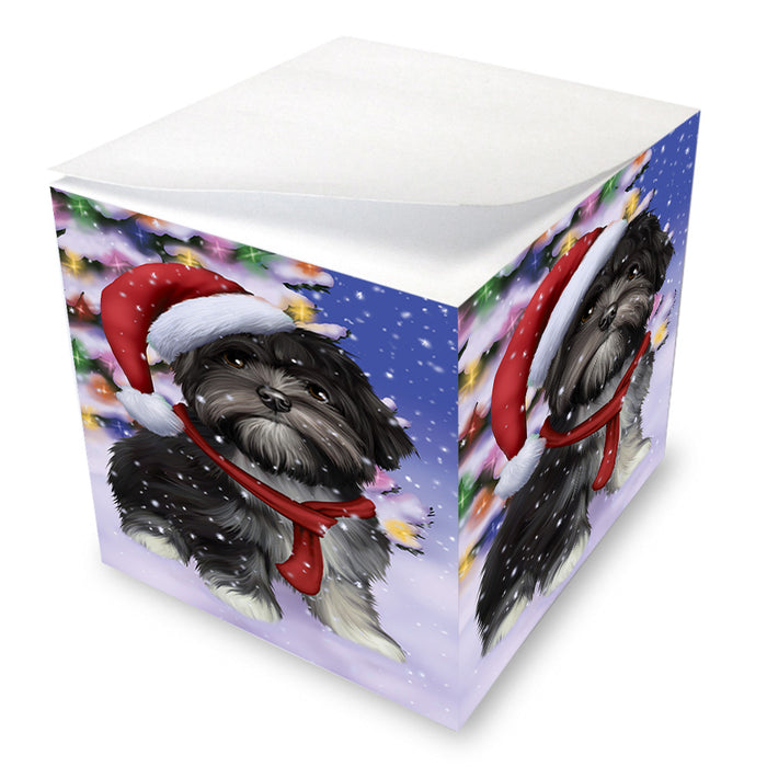Winterland Wonderland Lhasa Apso Dog In Christmas Holiday Scenic Background Note Cube NOC53402