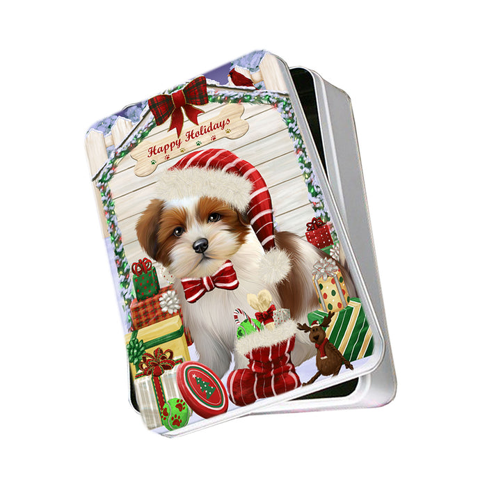 Happy Holidays Christmas Lhasa Apso Dog House with Presents Photo Storage Tin PITN51443