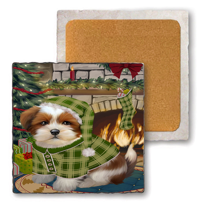 The Stocking was Hung Lhasa Apso Dog Set of 4 Natural Stone Marble Tile Coasters MCST50355