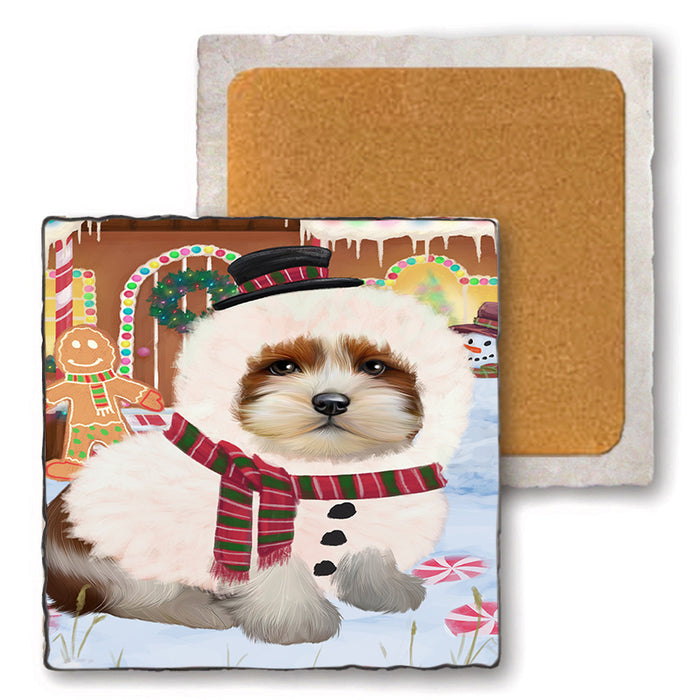 Christmas Gingerbread House Candyfest Lhasa Apso Dog Set of 4 Natural Stone Marble Tile Coasters MCST51381