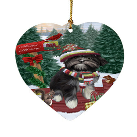 Merry Christmas Woodland Sled Lhasa Apso Dog Heart Christmas Ornament HPOR55322