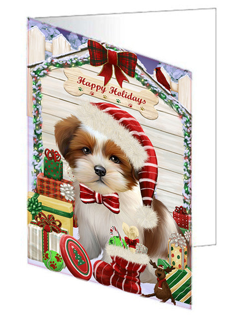 Happy Holidays Christmas Lhasa Apso Dog House with Presents Handmade Artwork Assorted Pets Greeting Cards and Note Cards with Envelopes for All Occasions and Holiday Seasons GCD58358