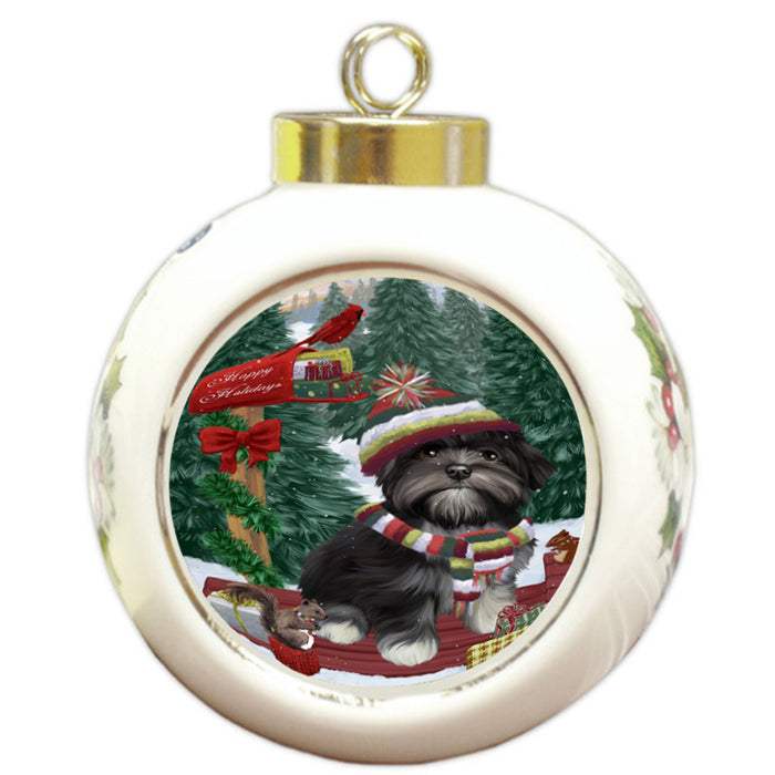 Merry Christmas Woodland Sled Lhasa Apso Dog Round Ball Christmas Ornament RBPOR55322