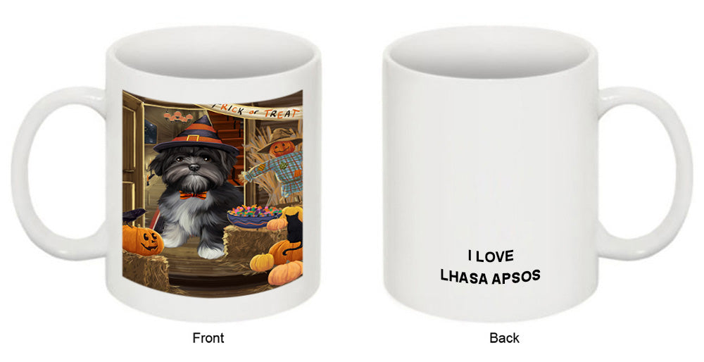 Enter at Own Risk Trick or Treat Halloween Lhasa Apso Dog Coffee Mug MUG48581