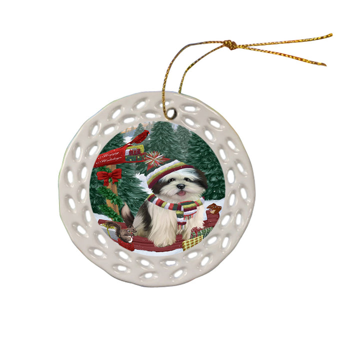Merry Christmas Woodland Sled Lhasa Apso Dog Ceramic Doily Ornament DPOR55323