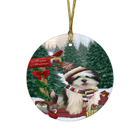 Merry Christmas Woodland Sled Lhasa Apso Dog Round Flat Christmas Ornament RFPOR55323